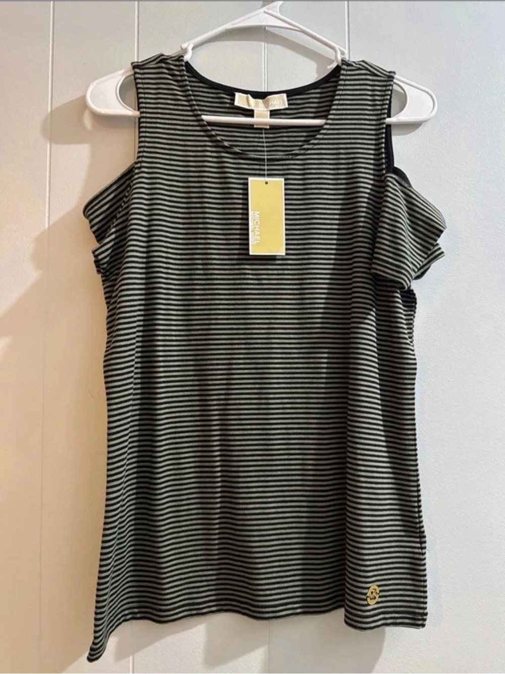 Michael Kors Women's Olive Green & Black Striped Cold-Shoulder Top